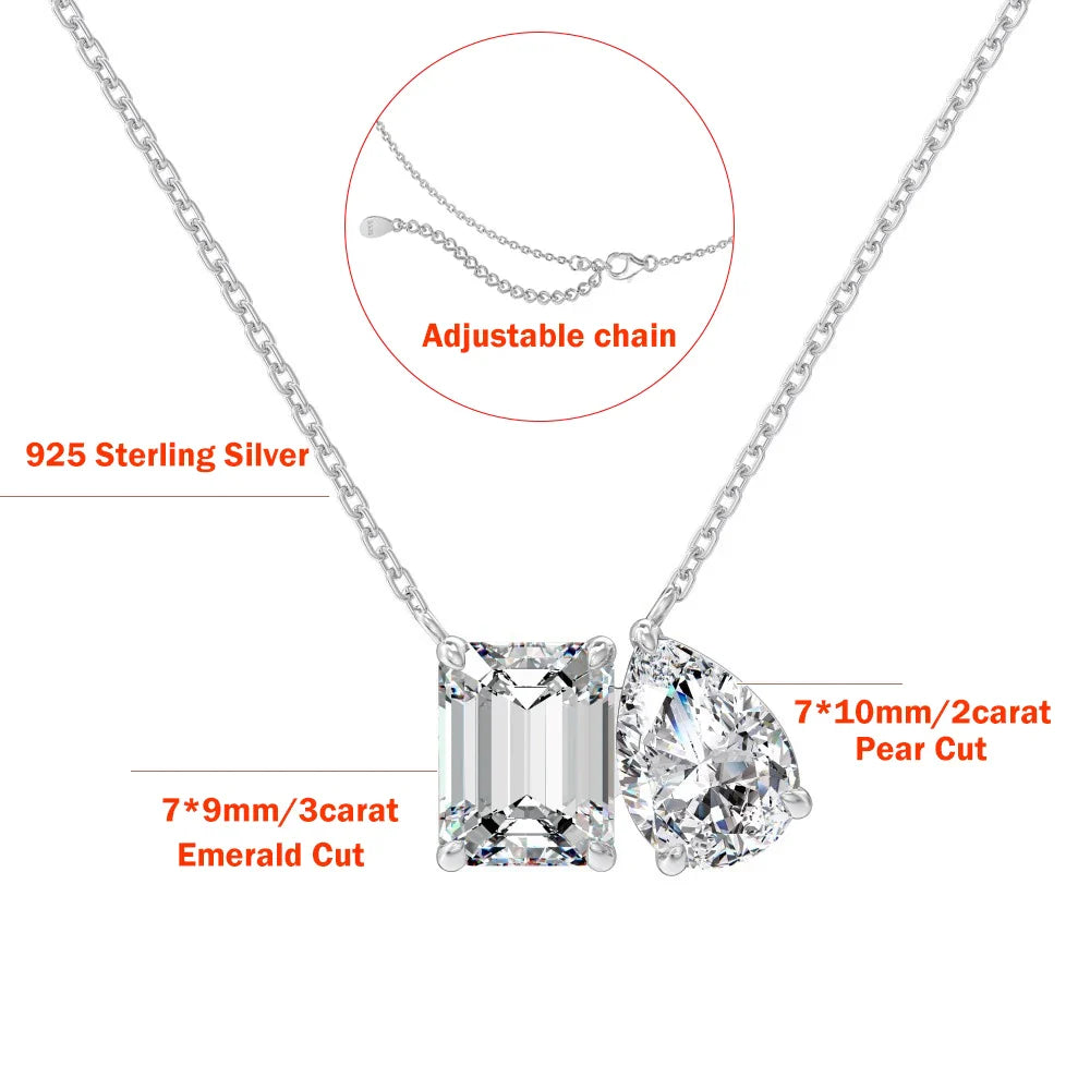 5cttw Radiant/Emerald Pear Cut Moissanite Diamond Pendant Necklace for Women  Certified 925 Silver 2-Stone Clavicle Neckchain