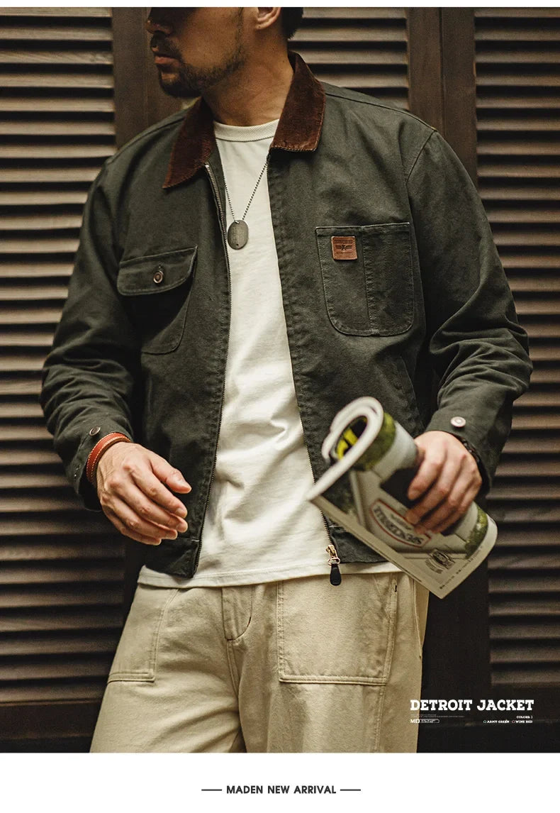 Retro Heavyweight Canvas Detroit Jacket Corduroy Collar Hunting Short Zip-Up Jacket with Pockets Men's Autumn Outerwear