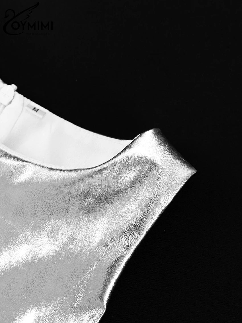 Sexy Slim Sliver Pu Leather Dress Ladies Bodycon O-Neck Sleeveless Dress Elegant Classicc Party Dresses For Women 2023