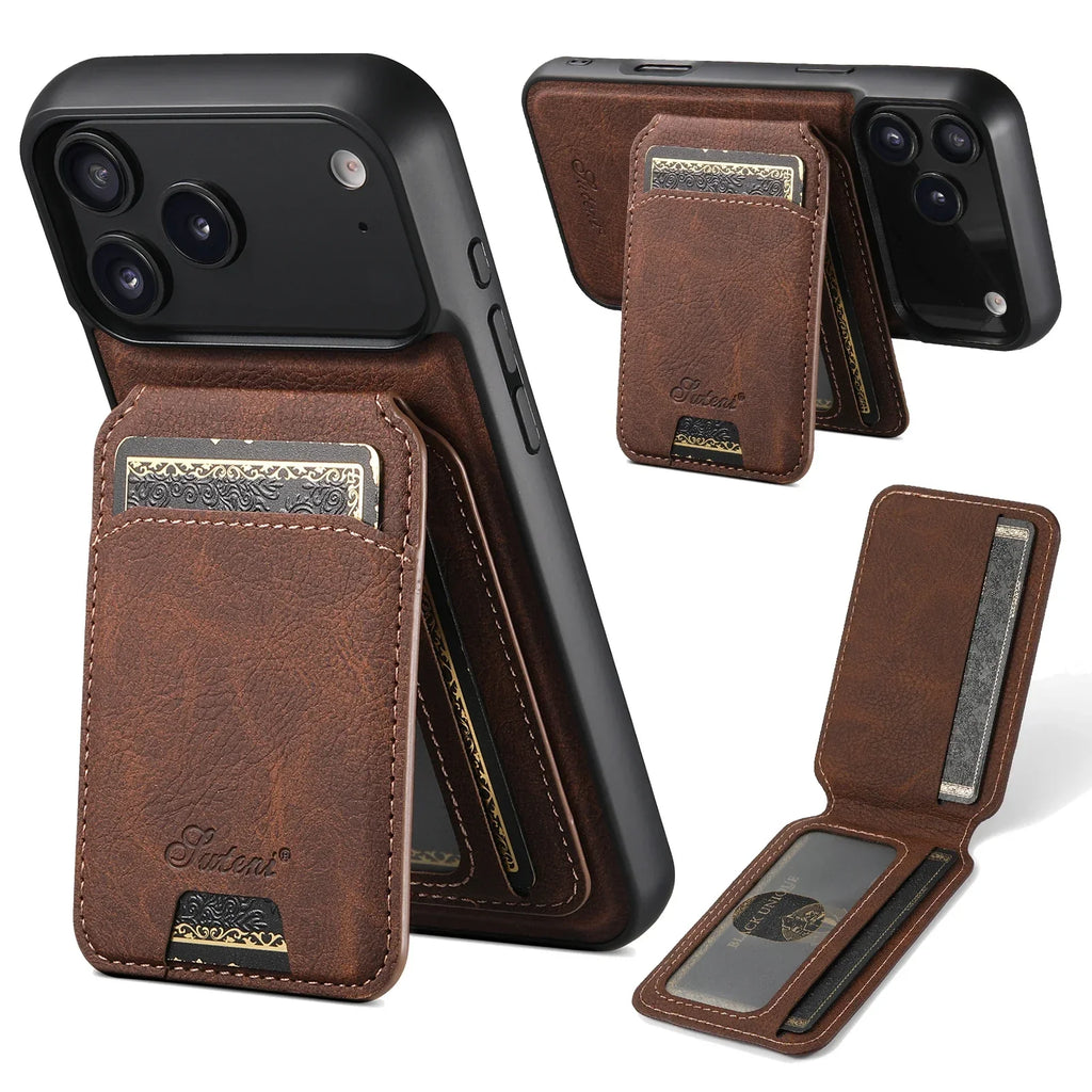 SUTENI Wireless Charging Phone Case Magnet Card Holder Stand Faux Leather For iPhone 17 Pro Max 16 Plus 15 14 13 12