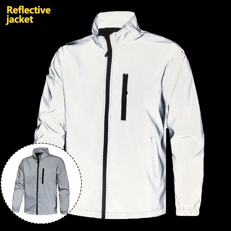Night Reflective Jacket Men's Spring Casual Stand Collar Outdoor Windproof Jogger Cycling Safety Bright Coats Hip Hop Streetwear
