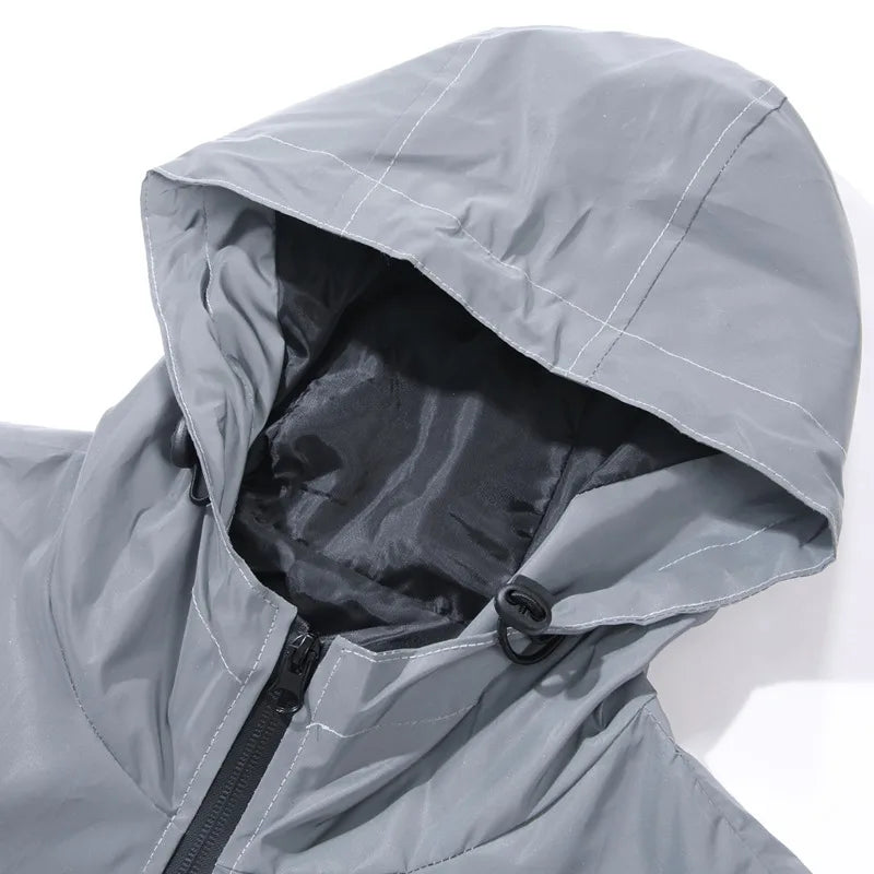 Men's Night Reflective Jacket Fashion Cross Printed Windproof Hooded Coats Streetwear Outdoor Cycling Jogger Safety Outerwear