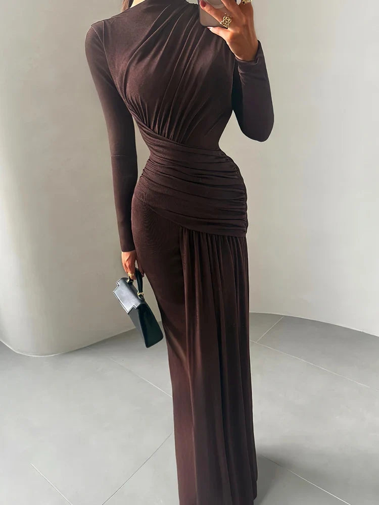 Nibber Folds Maxi Dress Women o-Neck Full Sleeve Solid Banquet Elegant Vacation Fashion Autumn Skinny Casual Simple Vestidos