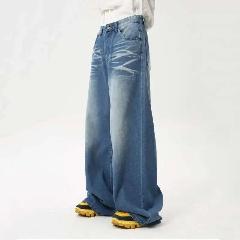 IEFB High Street Men's Jeans New Summer Water Washed Folded Draping Wide Leg Trendy Denim Pants Spring Casual Straight 9C6100