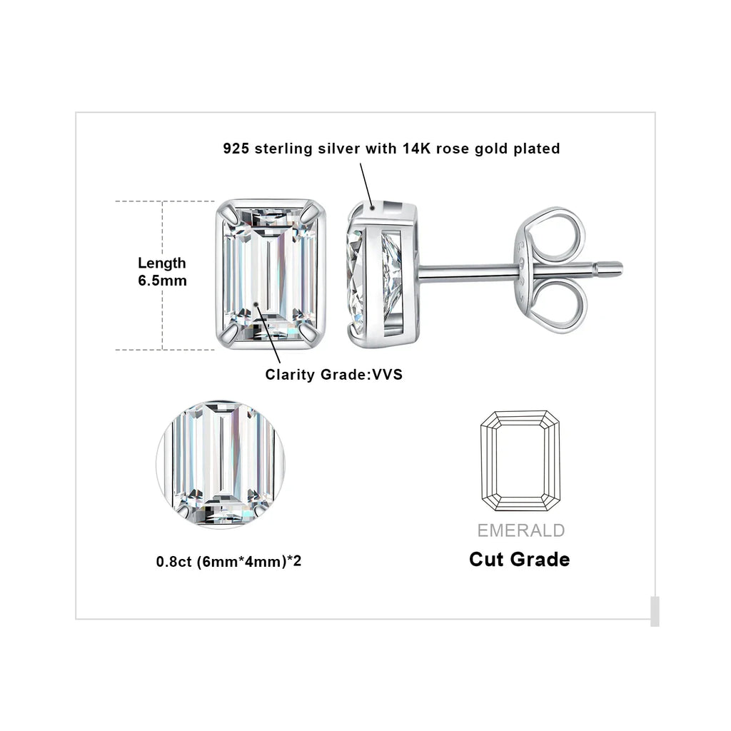 Moissanite D Color 1.6ct/pair Emerald Cut 925 Sterling Silver Stud Earrings for Woman Yellow Rose Gold Plated