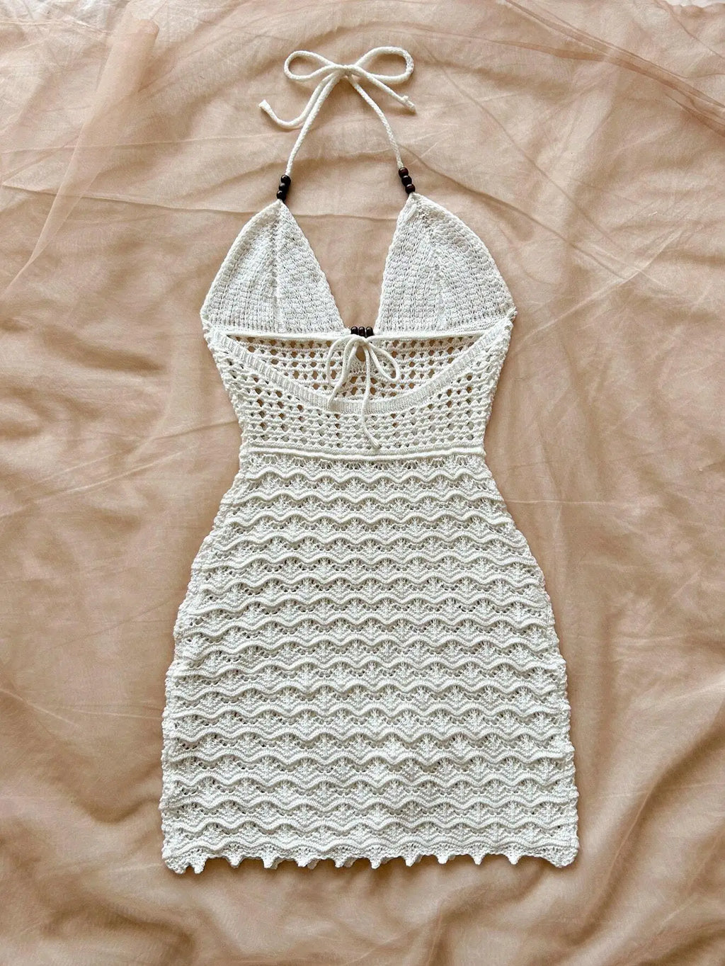 Summer Sexy V-Neck Hollow-Out Wooden Beads Fitted Dress, Vacation Spaghetti Strap Backless Ombre Knitted Dress, Suitable
