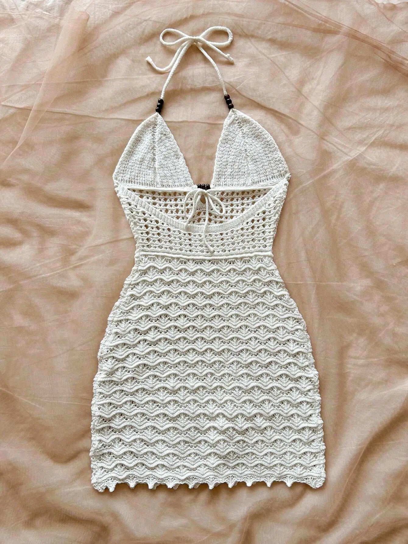 Summer Sexy V-Neck Hollow-Out Wooden Beads Fitted Dress, Vacation Spaghetti Strap Backless Ombre Knitted Dress, Suitable