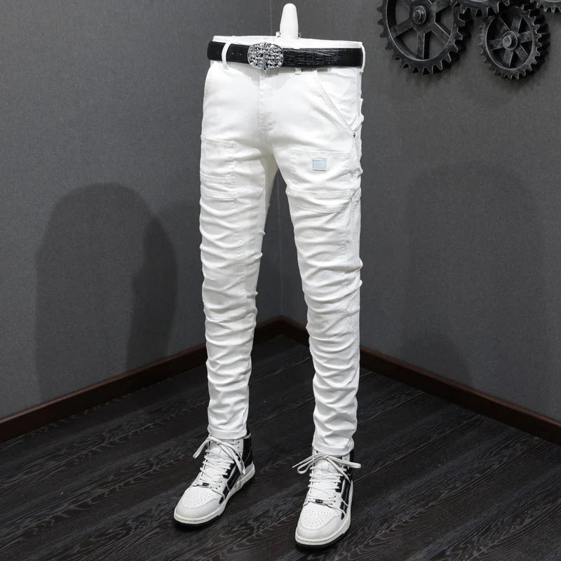 High Street Fashion Men Jeans White Elastic Stretch Skinny Jeans