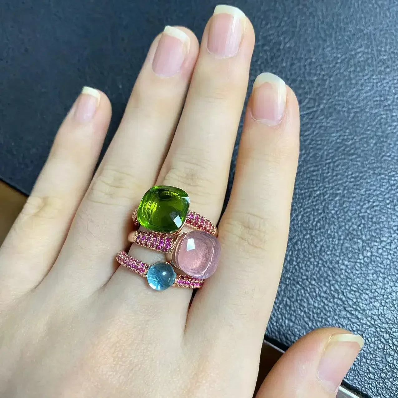 3Pcs/Set Nudo Ring Stacking Set for Women Mix Color Candy Crystal Inlay Zircon Amethyst Blue Topaz Round Jewelry Gift