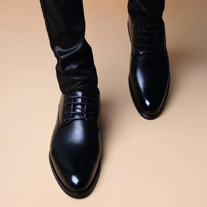 Business Formal Men's Pointed Toe Loafers with Invisible Heel Lift Korean Style Versatile Wedding Shoes for Youth Trendy Design