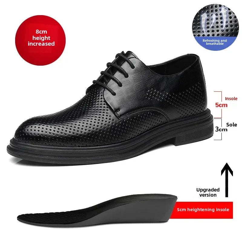 Men's Business Formal Shoes with Laces Hollow out Design 8cm Heightening Low Cut Casual Shoes Rubber Bottom Adult Size