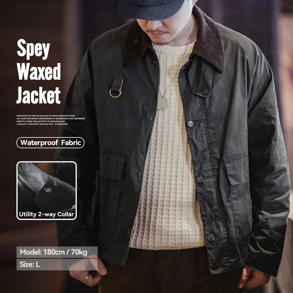 Vintage Spey Waxed Fishing Jacket Distressed Outdoor Corduroy Collar with Pockets Coat for Men's Autumn Classic Overcaot