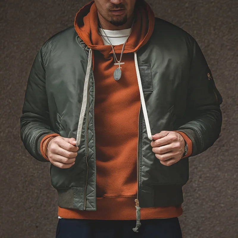 Vintage MA1 Pilot Jacket Green Thickened Cotton-padded Jacket Casual Baseball Pockets Flight Zipper Outwear for Men's Fall