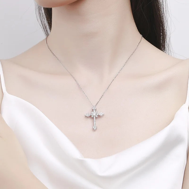 Real 1 Carat Moissanite Cross Pendant Necklace For Women 100% 925 Sterling Silver D Color Diamond Necklaces Fine Jewelry