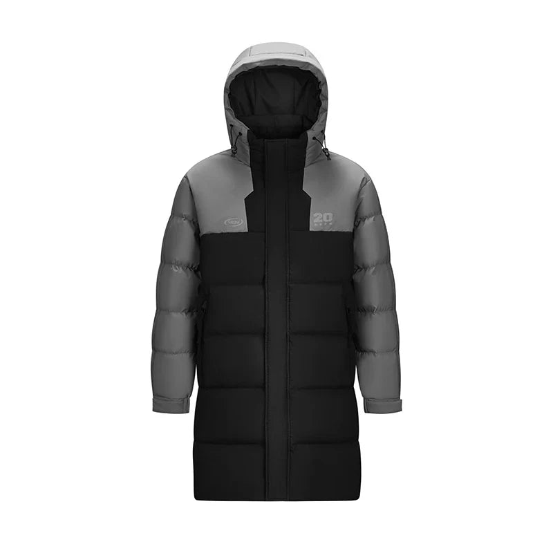 Mid-Length Down Jacket Men Color Block Hooded Sports Style Coat 2025 New Winter Trendy Look