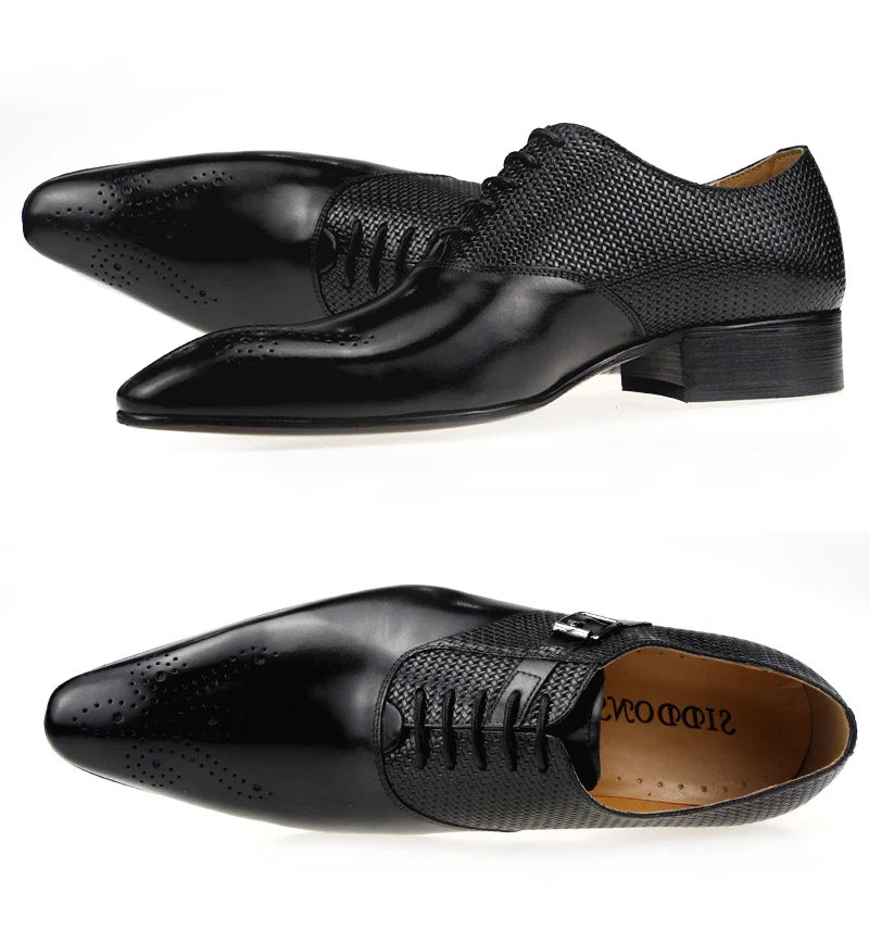 Mens Formal Genuine Leather Shoes Fashion Zapato Social Male Wedding Dress Loafer Weave Printing Lace-up Daily Brogue Shoes