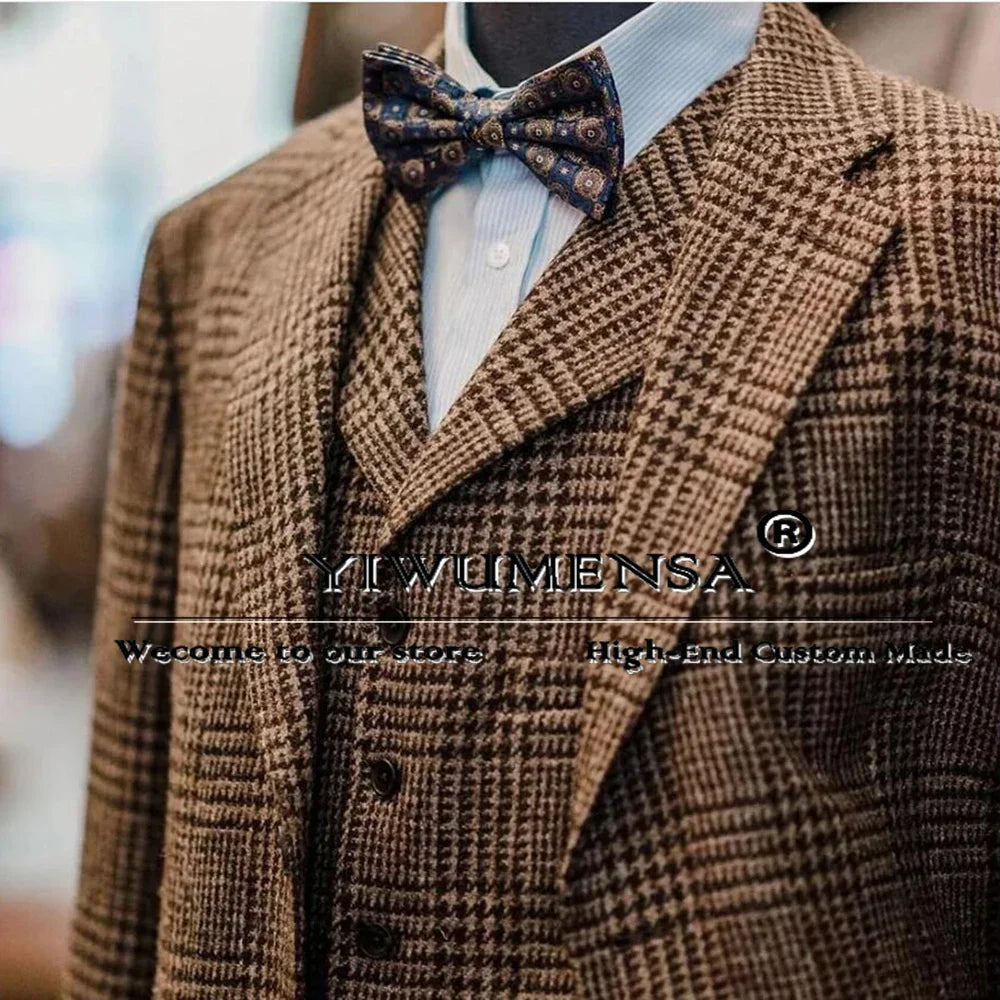 Elegant Business Suits Men 3 Pieces Formal Party Houndstooth Wool Blazers Customized Man Banquet Groom Wedding Tuxedos British