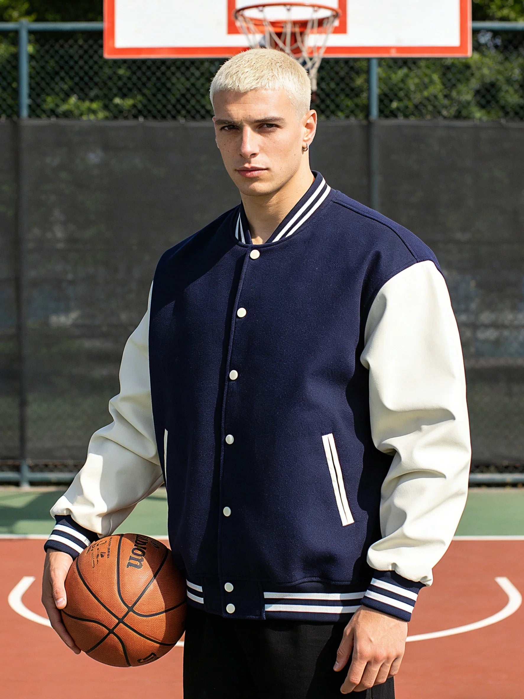 Men's Classic Varsity Jacket with Faux Leather Sleeves Letterman Style Baseball Coat Color-Block Lightweight Men's