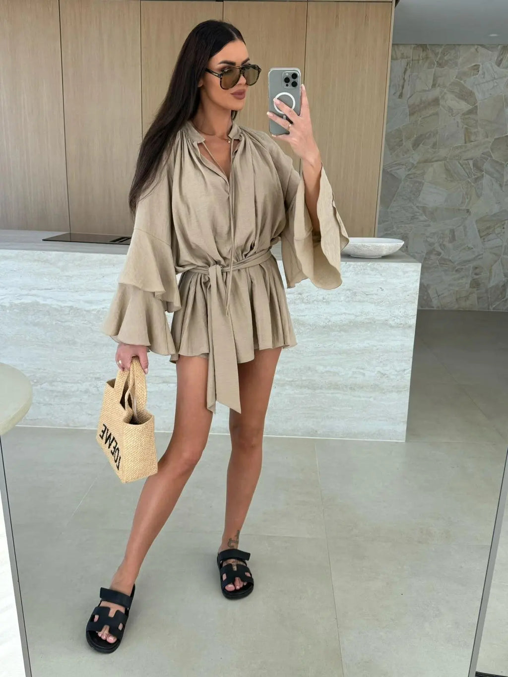 2026 Autumn Ruffle Loose Mini Dress Casual Flare Sleeve Holiday Dresses Sexy Deep V-neck Lace Up Solid Women's Dress Vestidos
