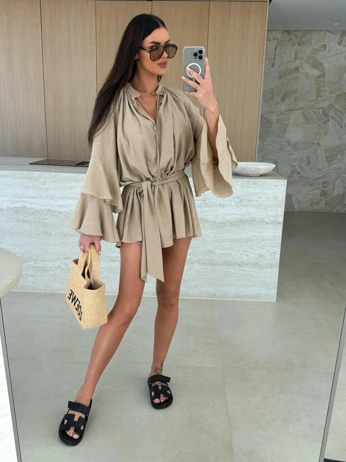 2026 Autumn Ruffle Loose Mini Dress Casual Flare Sleeve Holiday Dresses Sexy Deep V-neck Lace Up Solid Women's Dress Vestidos
