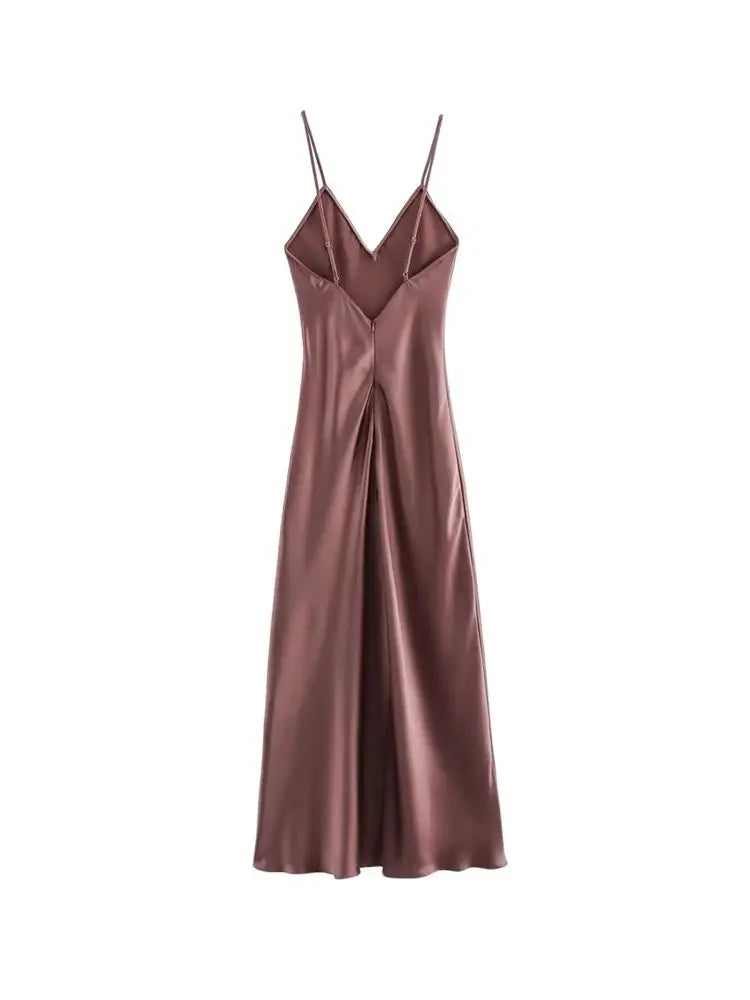 Women's Satin Midi Dress, V Neck, Thin Straps, Backless, Female Dresses, Sexy Fashion