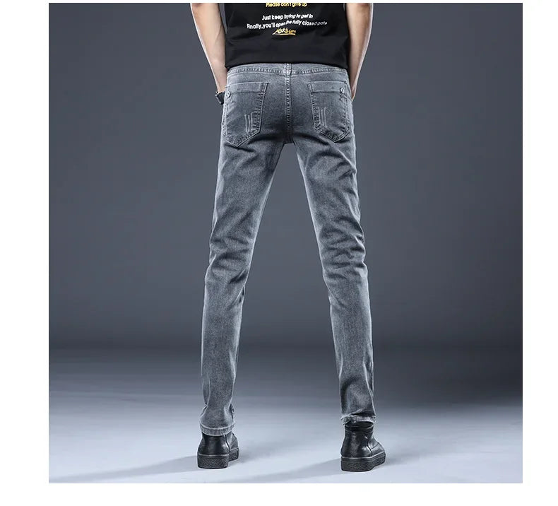 2026 New Gray Skinny Jeans Men's Slim Elastic Korean Fashion Vintage Casual Feet Male Clothing Denim Trousers 27-36
