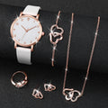 6PCS/Set Fashion Women's Watch Leather Band Quartz Watches Double Heart Jewelry Set(Without Box)