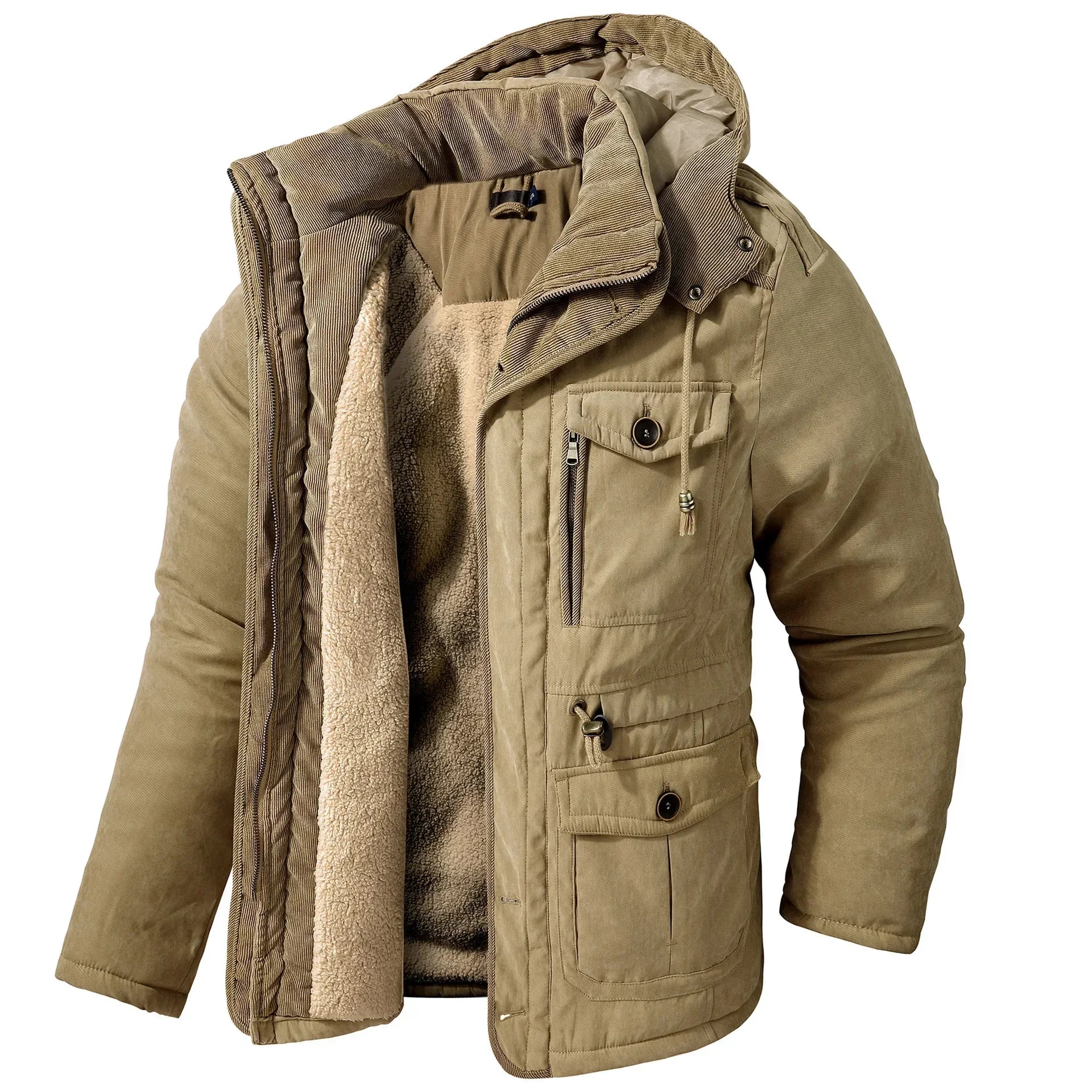 Men's Jacket WINTER USA SIZE Large SIZE Lamb Fleece JACKETS Hooded Cotton Thickened Multi Pocket Casual Mid length Coat