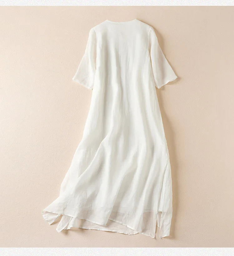 Summer New Hemp Dr Embroidered round Ne Five-Quarter Sve Fairy Beautiful Long Women's Dr New Chinese Sle