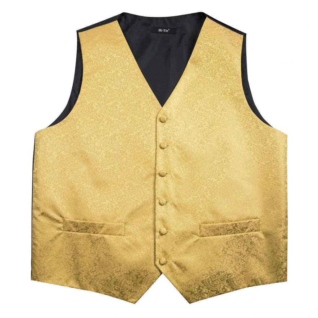 Fashion Silk Vest For Men Classic Gold Champane Yellow Waistcoat Jacket Tie Hankerchief Cufflinks Sets Dress Suit Wedding Hi-Tie
