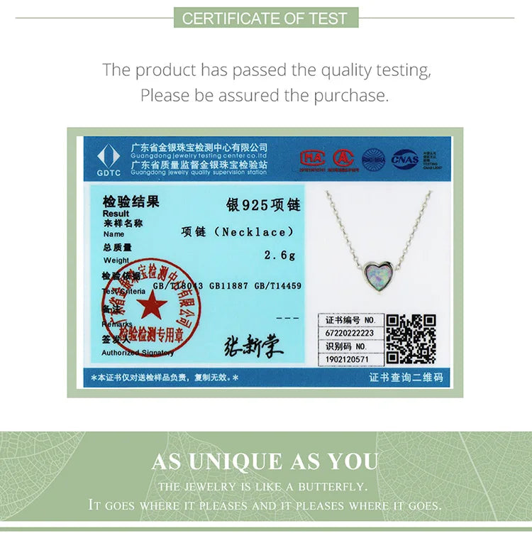 Genuine 925 Sterling Silver Opal Heart Pendant Necklace for Women Fine Jewelry Anniversary Gift
