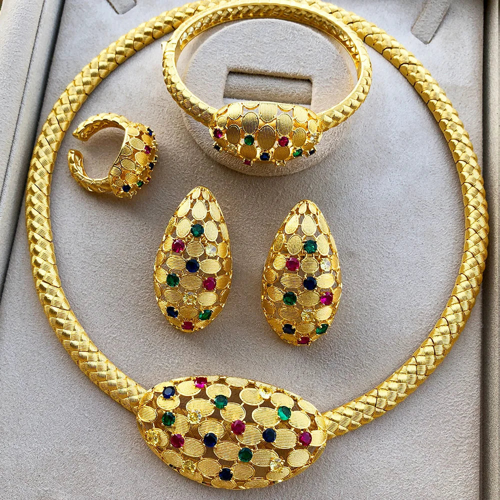 Luxury FLower Floral 4PCS DUBAI Jewelry Sets For Women Wedding Cubic Zircon Crystal CZ Indian African Bridal Jewelry Sets