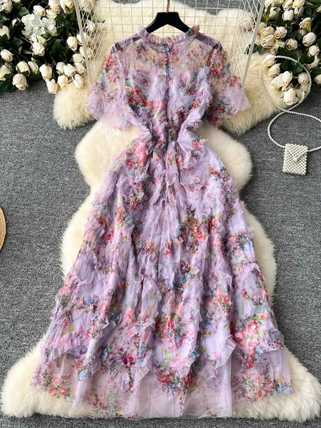Runway Summer Autumn Holiday Floral Midi Tulle Prom Dress