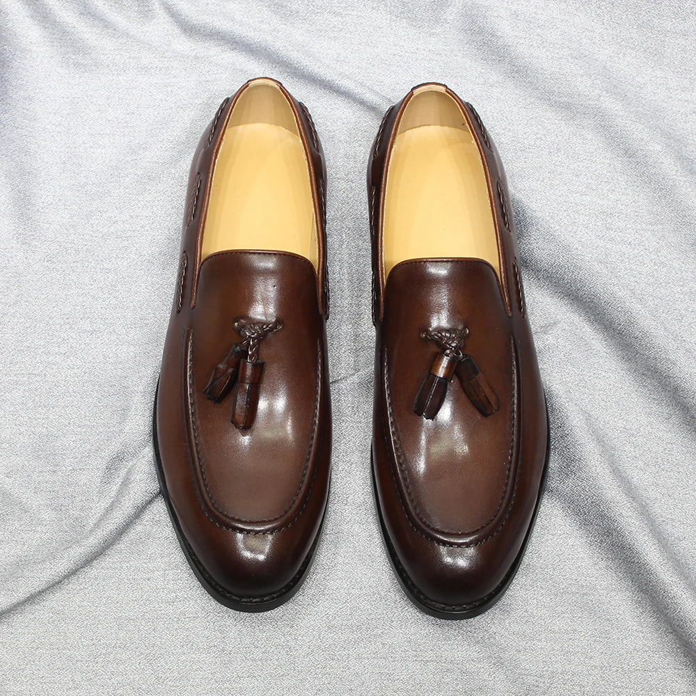 Italian Style Men's Loafers Tassel Genuine Cow Leather Comfortable Slip on Wedding Party Office Dress Shoes for Men Casual Shoes