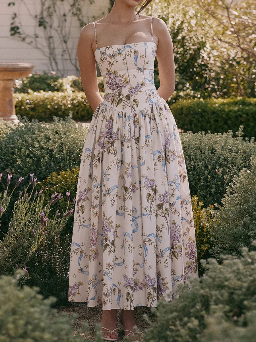 Summer Floral Print Dress Elegant 2025 New Arrivals Spaghetti Strap Flare Dress Maxi Holiday Party Dresses Women