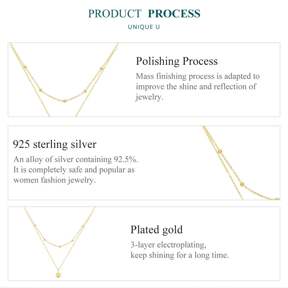 925 Sterling Silver Romantic Heart Pendant Necklace for Women Gold Double Layer Choker Female Fine Jewelry Anniversary