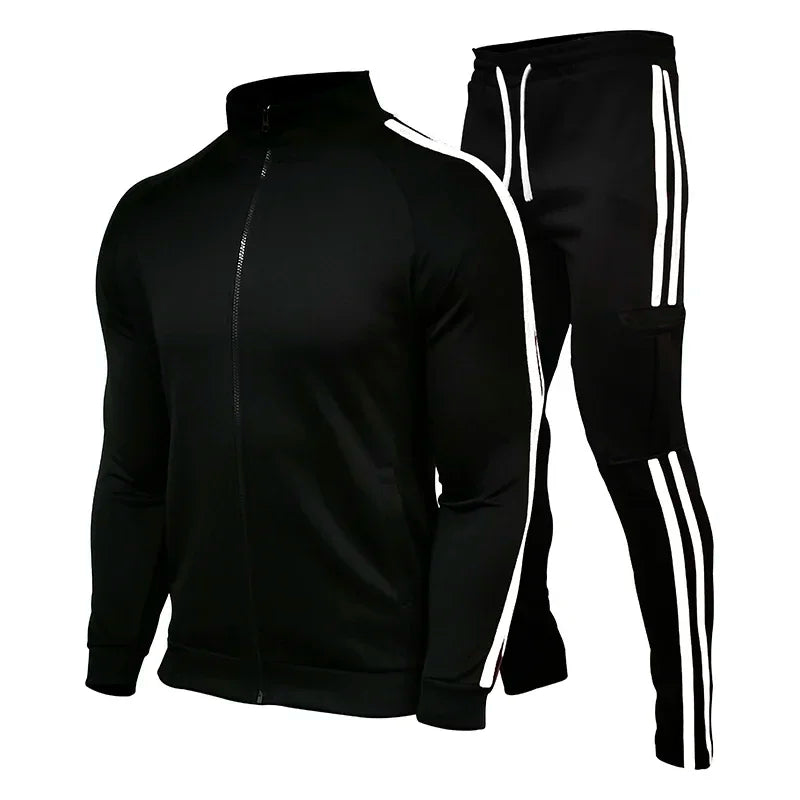 Spring and Autumn Men's Cardigan Striped Stand up Collar Sports Set Outdoor Jogging Cycling Mountaineering Two Piece Set