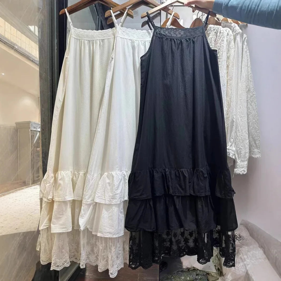 100% Cotton lace embroidery patchwork slip dress mori girl autumn summer Japan style sweet petticoat dress lolita cute clothes
