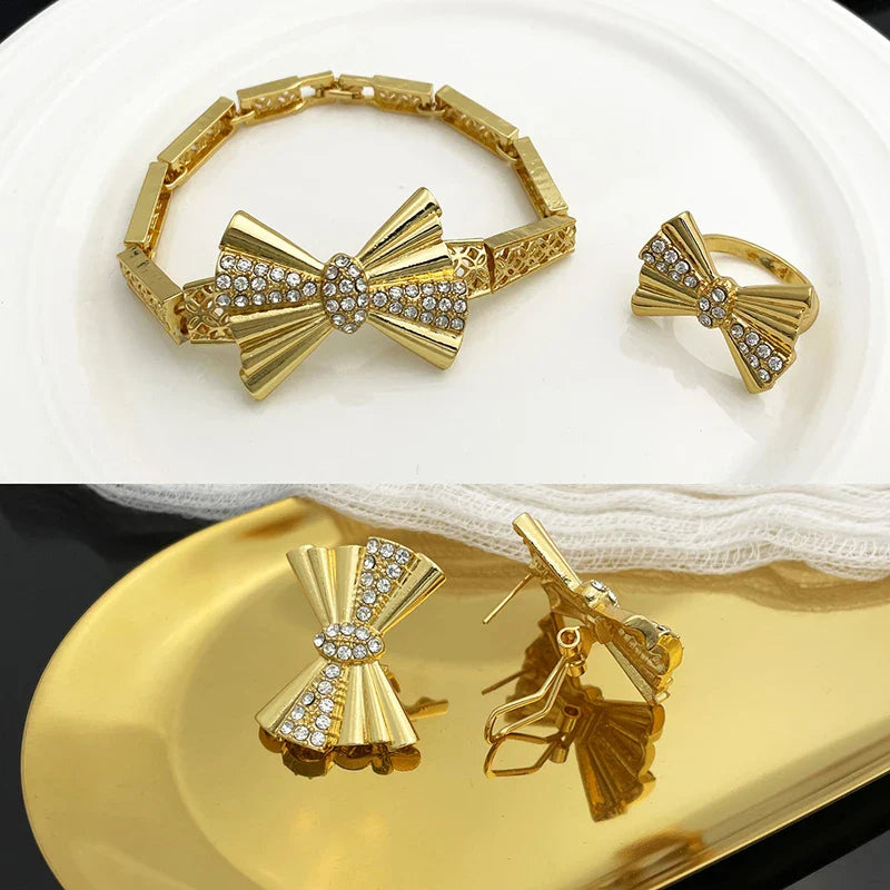 Italy 18k Gold Plated Women Jewelry Set Classic Design Bowknot Necklace Earring Bracelet And Ring 4PCS Set Jewelry Wedding Party