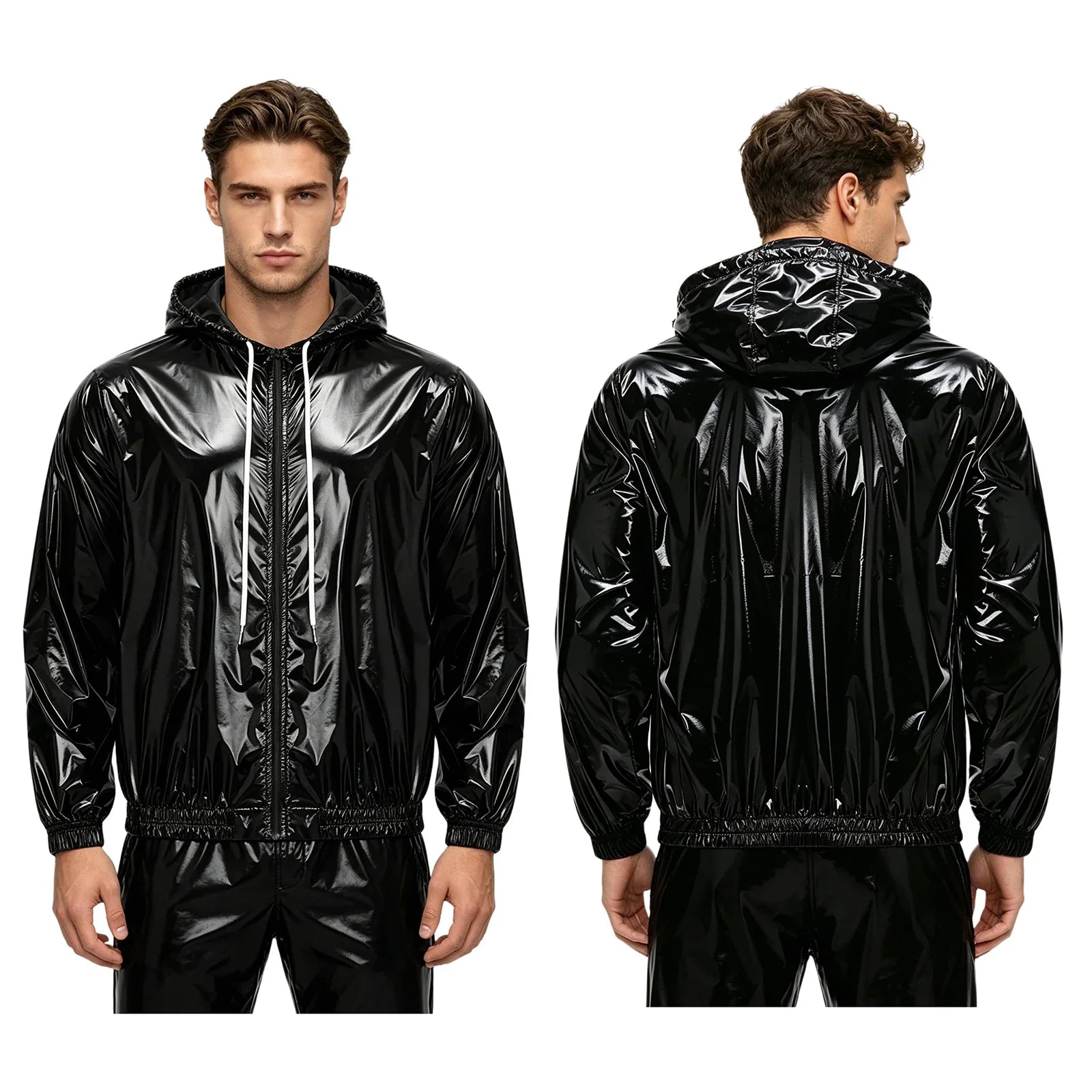 Mens Waterproof Hooded Raincoat Long Sleeve Front Zipper Rain Jacket Windbreaker with Drawstring Hood for Hiking Fishing Biking