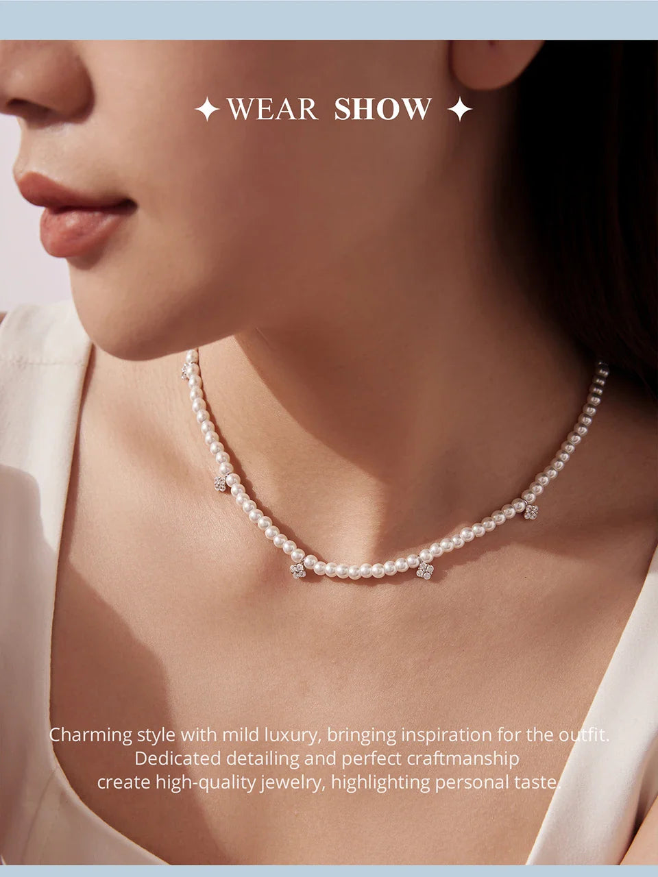 925 Sterling Silver Stackable Full Pearl Necklace Lucky Four-Leaf Clover Beads Strand Necklace for Elegant Women Gift