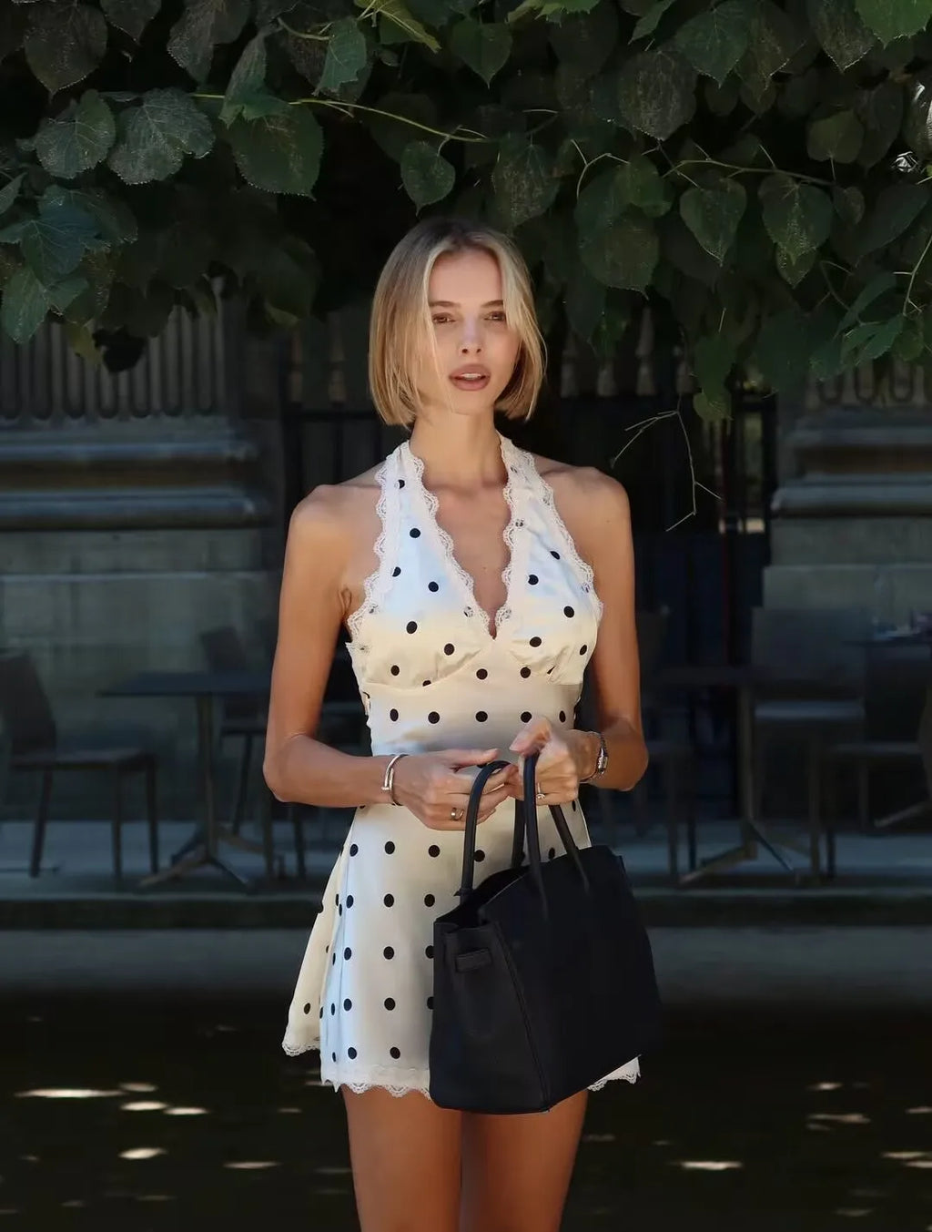 Lace Spliced Polka Dot Halter Dress Women Elegant A-line Mini Sexy Backless Dresses Summer Robe 2025
