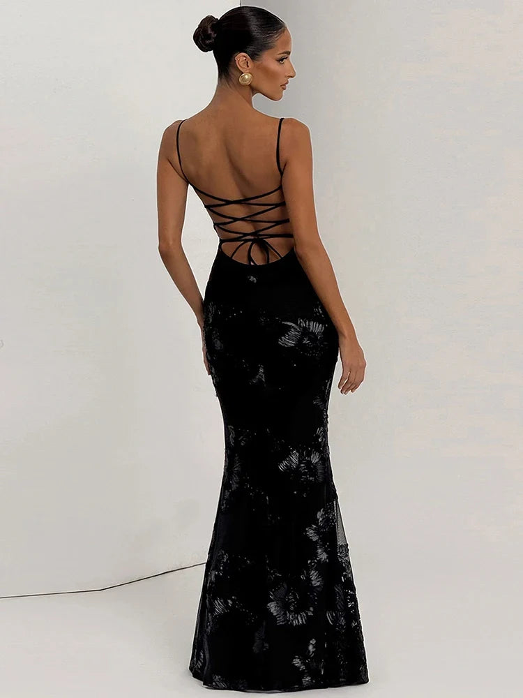 Elegant Flower Embroidery Maxi Dress Women Low-Neck Cross Bandage Backless Summer Street Trend Skinny Holiday Vestidos