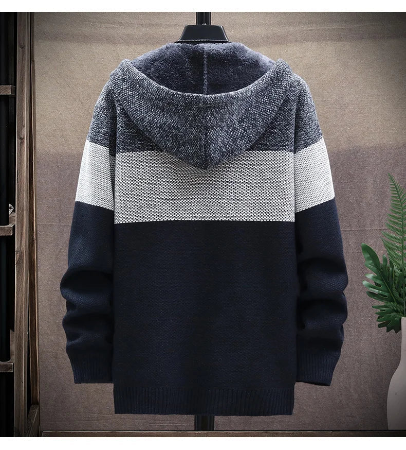 Men's Knit Sweater Fleece Coat Striped Jackets Fashion Hoodies Winter Autumn Thick Warm Windbreaker Pullovers Male Clothing