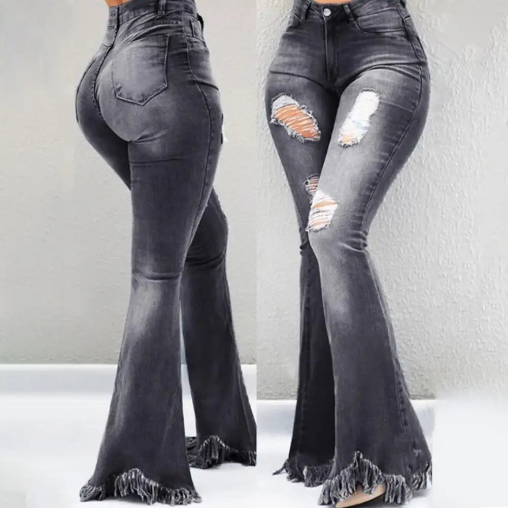 Women Flared Pants High Waist Pockets Ripped Holes Bell Bottom Trousers
