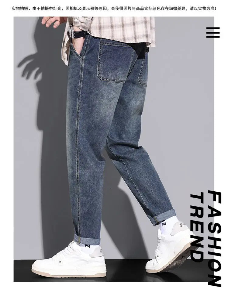 Retro American Style Men's Jeans Loose Fit Heavy Casual Slim Leg Cotton Pants Elastic Waist Korean Denim Jeans for Spring Autumn