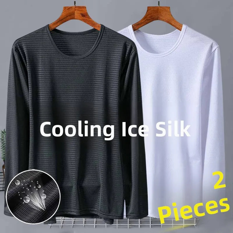 New 2025 Men's Ice Silk Breathable Sun Protection Hollow out Thin Long Sleeve Casual Sports T-Shirt Large Size Loose Fit