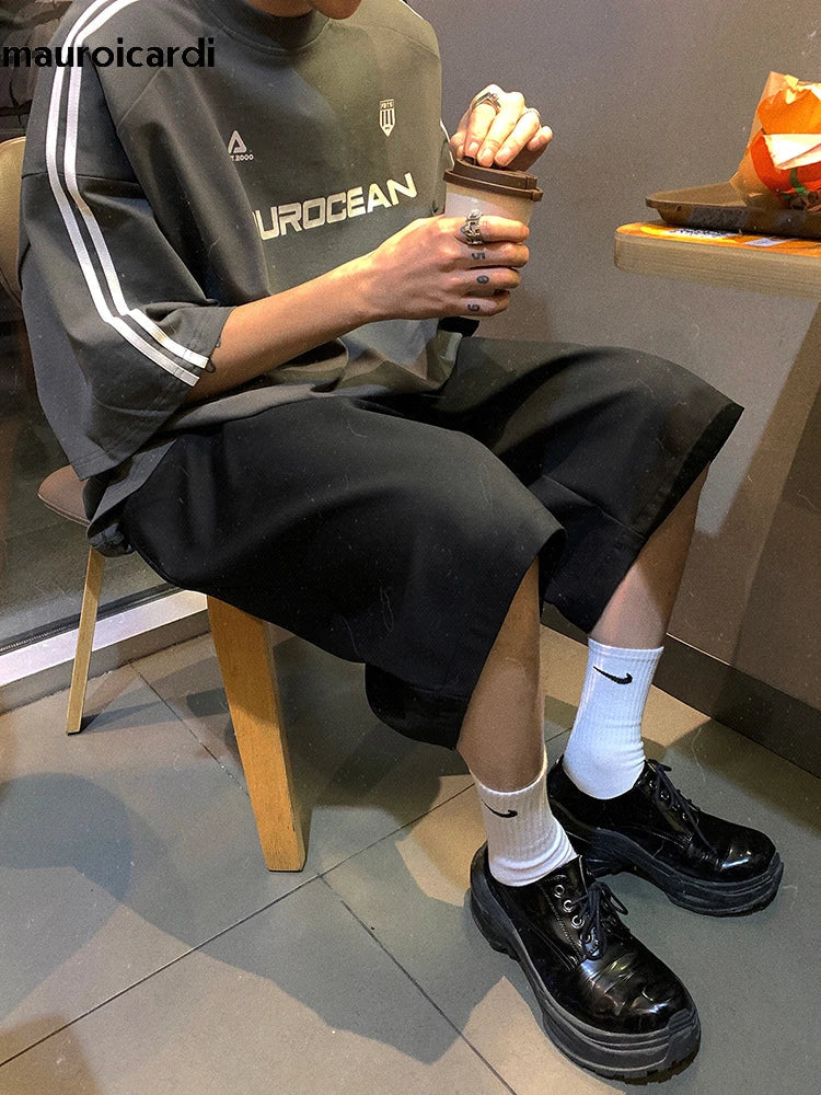Spring Summer Loose Casual Soft Black Pleated Shorts for Men Mens with High Waist Short Straight Pants Clothes 2024