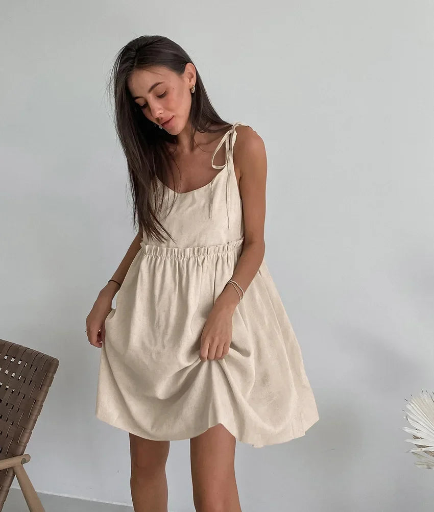 Women's Cotton Linen Spaghetti Strap Mini Dress Summer Loose A-Line Beach Vacation Dress Female Fashion Streetwear Dress