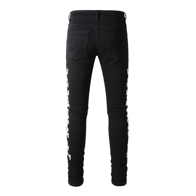 Classical White Bones Patchwork High Street Slim Fit Ripped Jeans